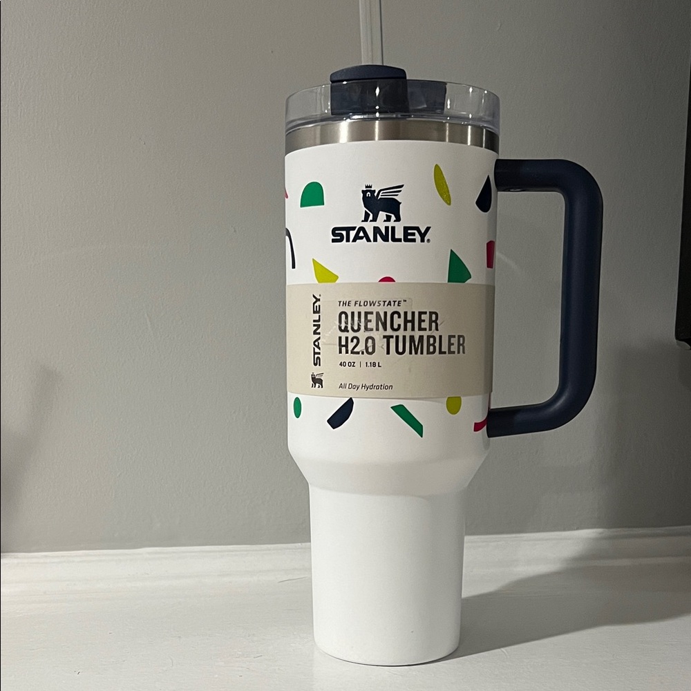 Stanley White Tumbler with Geometric Colorful Accents